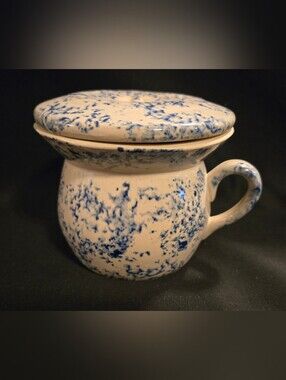 Vintage Red Wing Pottery Blue Spongeware Covered Pot